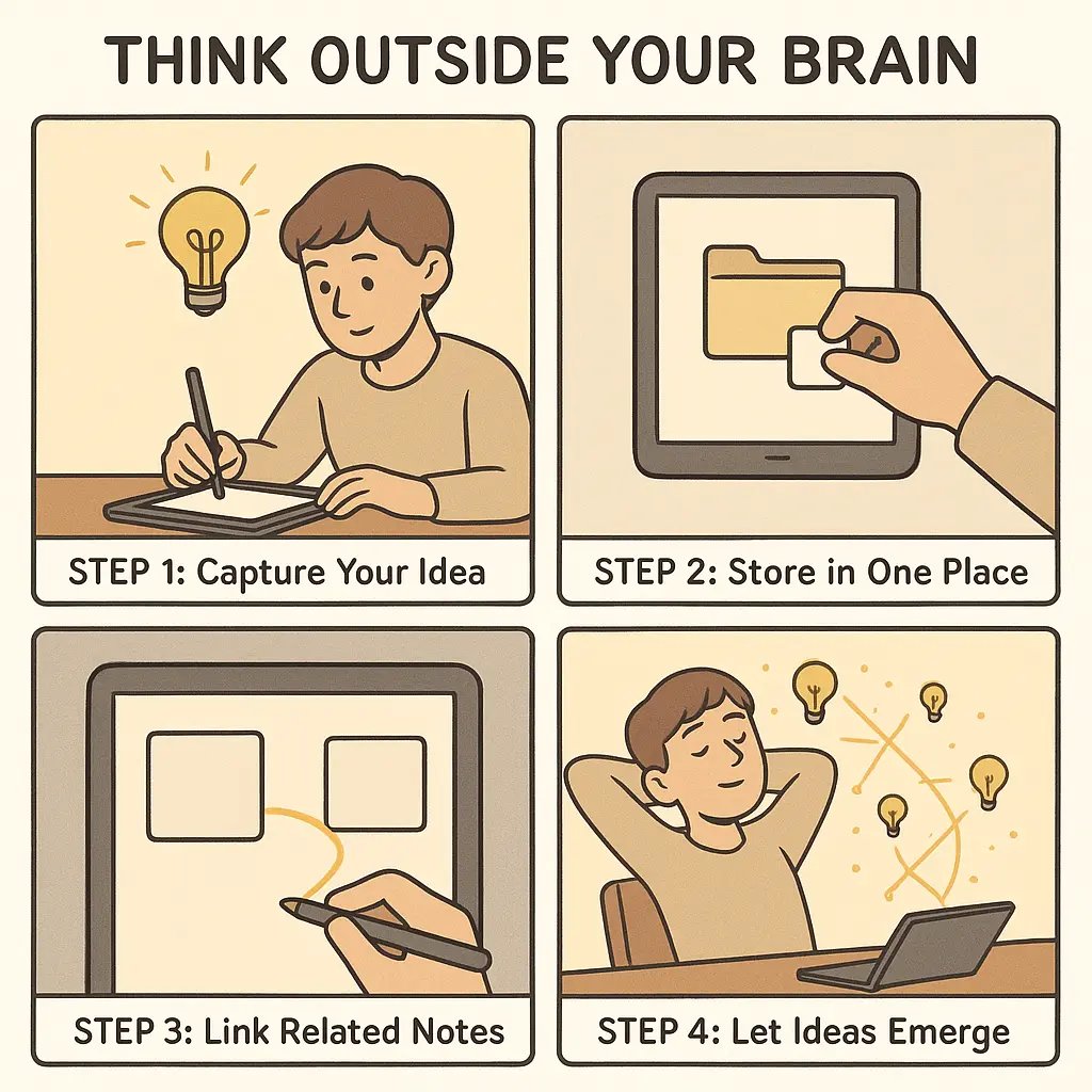 Four-panel comic showing a student capturing ideas, storing notes, linking them together, and relaxing as a creative network emerges