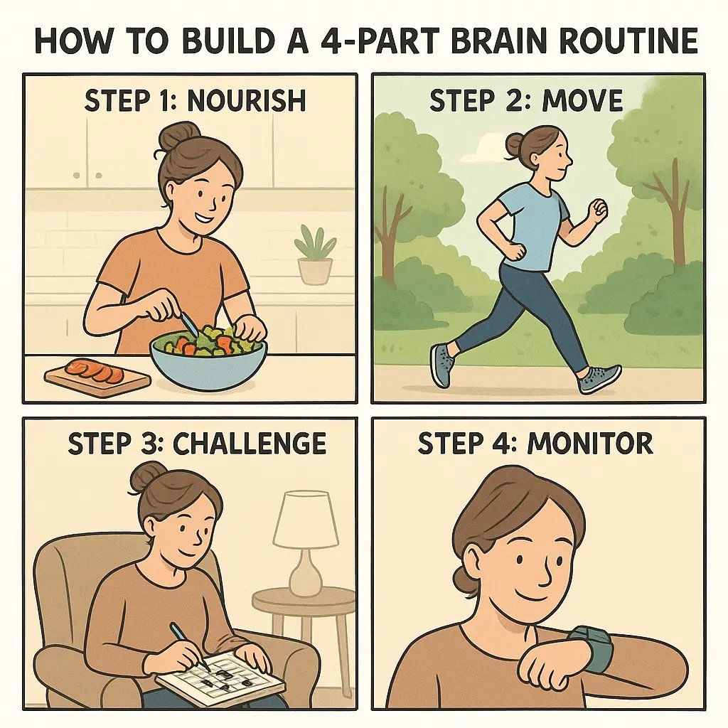 A four-panel comic showing a woman building brain health habits through nourishing food, daily movement, mental challenges, and tracking progress.