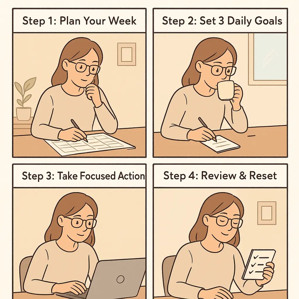 Woman planning her week in a calm home office, illustrating a simple four-step productivity system with daily goals and focused action.