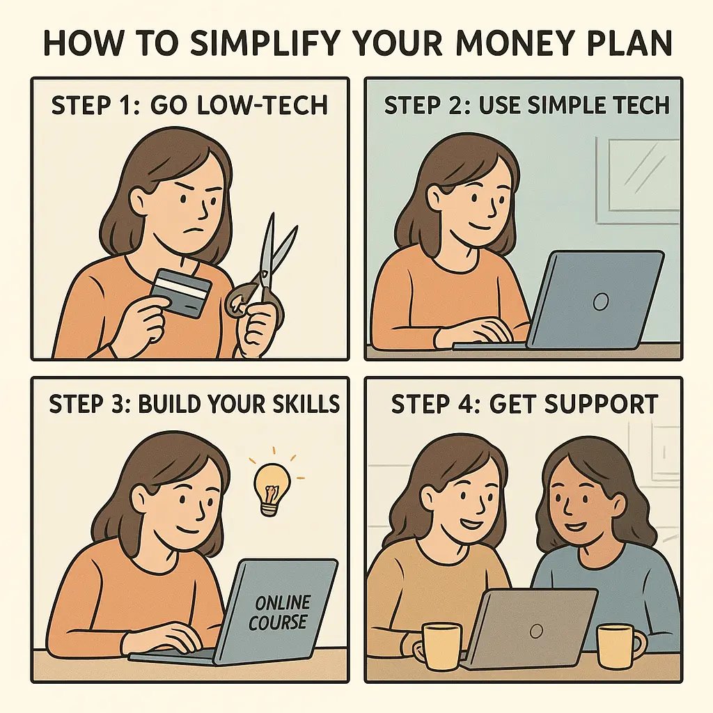 Four-panel comic showing a woman simplifying money management by cutting a credit card, using online banking, taking a course, and reviewing finances with a friend