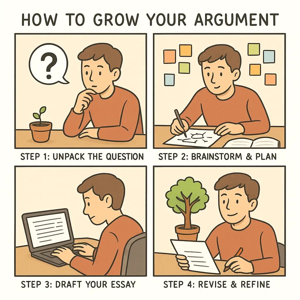 Student working through essay writing stages as a plant grows from sprout to tree on his desk