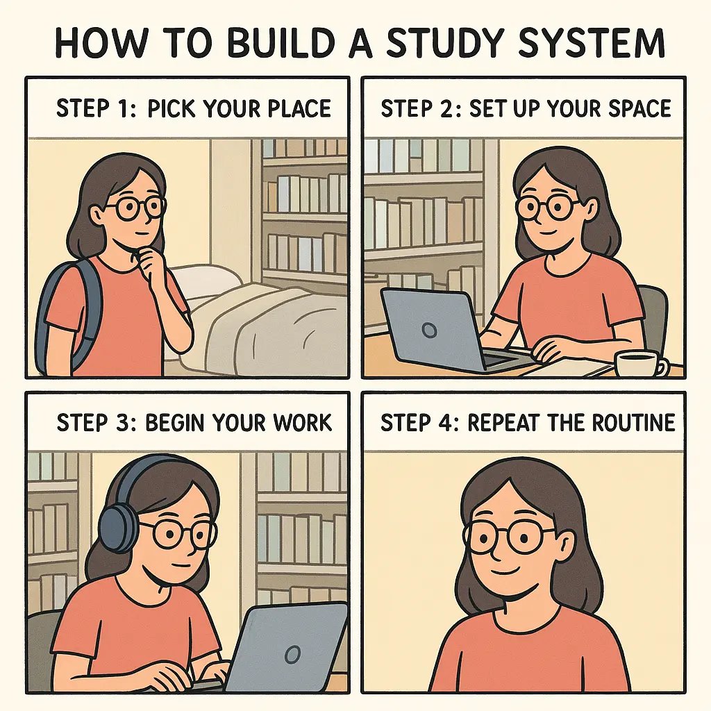 A student building a repeatable study routine by choosing a quiet library, organising her workspace, focusing on her laptop, and feeling accomplished after completing her session.