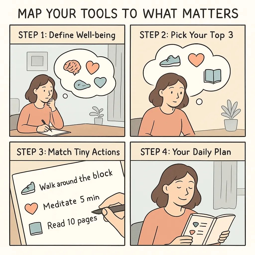 A woman creating a simple well-being plan in a four-panel comic, selecting goals and matching them with tiny daily actions.