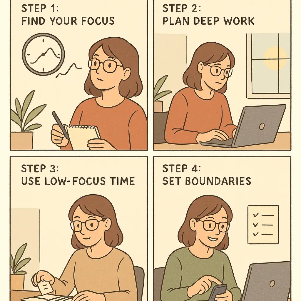 A woman with glasses organising her workday by identifying focus times, planning deep work, handling light tasks, and setting boundaries with a timer.