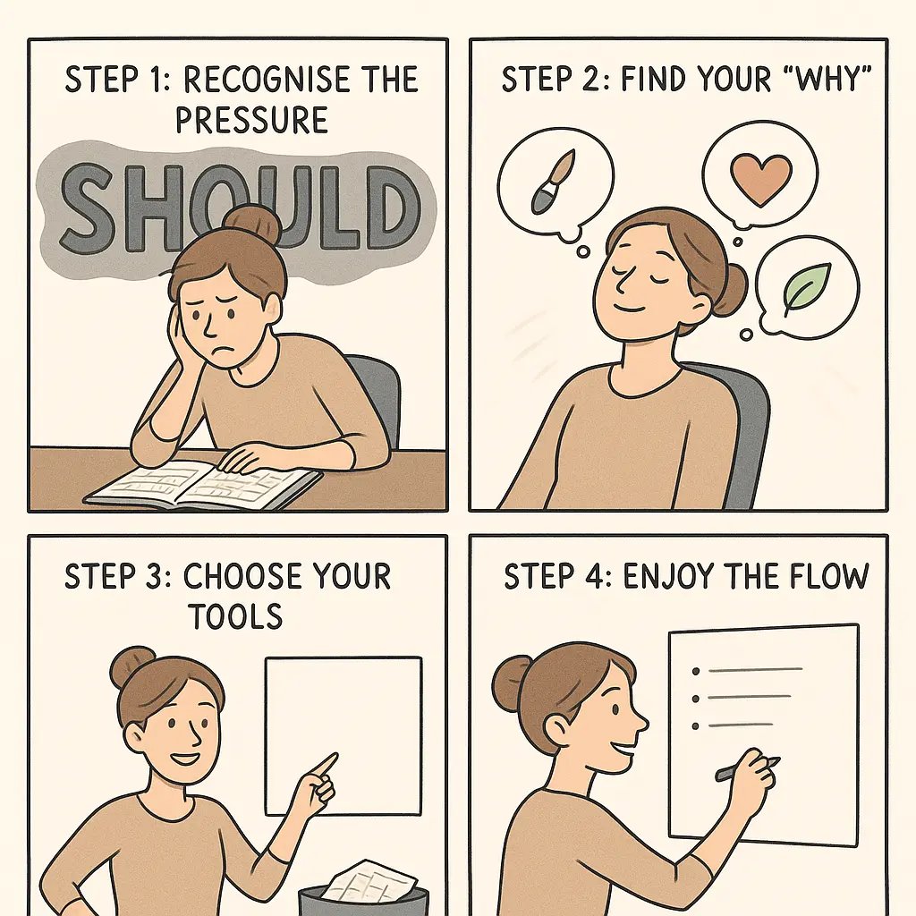 A four-panel comic showing a woman moving from a stressful planner to a natural whiteboard system that works for her values.