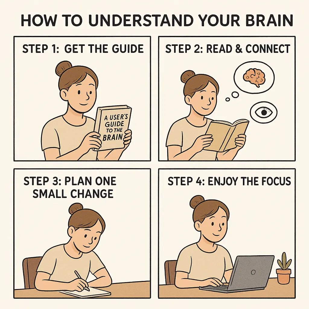 Woman reading a brain guide book, making connections, planning changes, and working calmly at an organised desk with improved focus