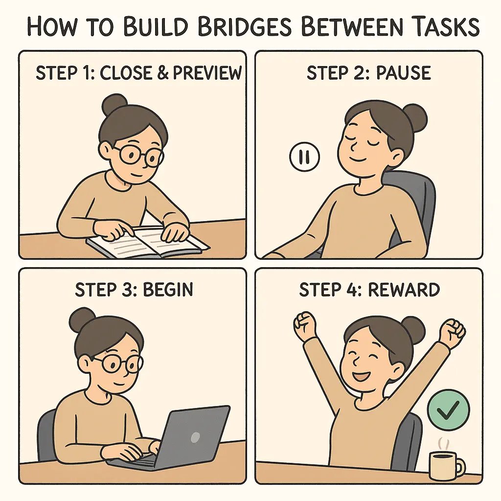 Four-panel comic showing a woman with glasses transitioning between tasks by closing her book, pausing calmly, beginning work on her laptop, then stretching happily.