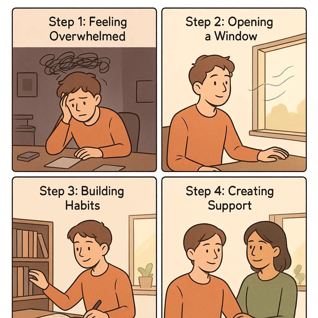 Four-panel comic showing a person's journey from overwhelm to calm, organised support through medication, habit-building, and relationships