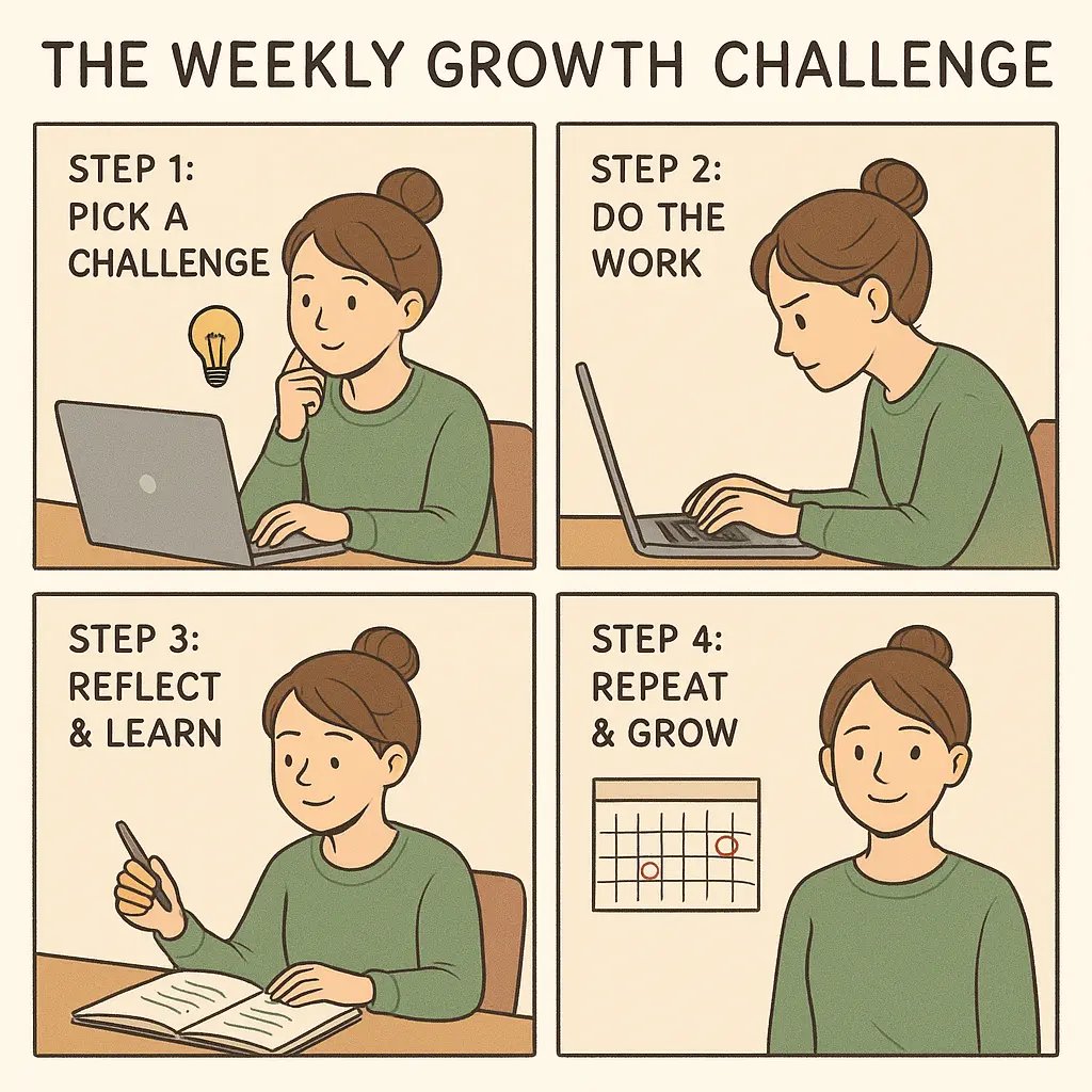 A four-panel comic strip showing a woman using weekly challenges to build confidence through deliberate practice and reflection