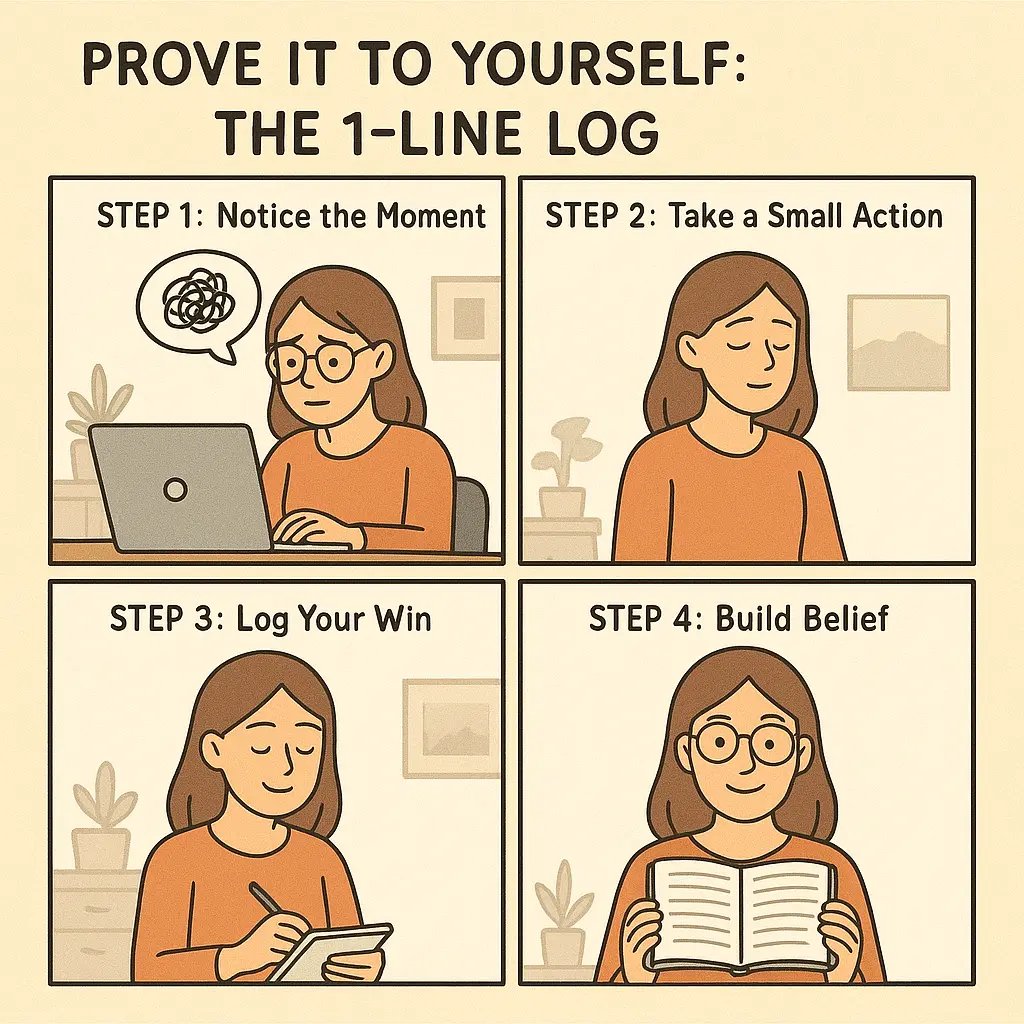 Four-panel comic showing a woman building confidence by noticing moments, taking small actions, logging wins in a journal, and reviewing her progress with a proud smile.
