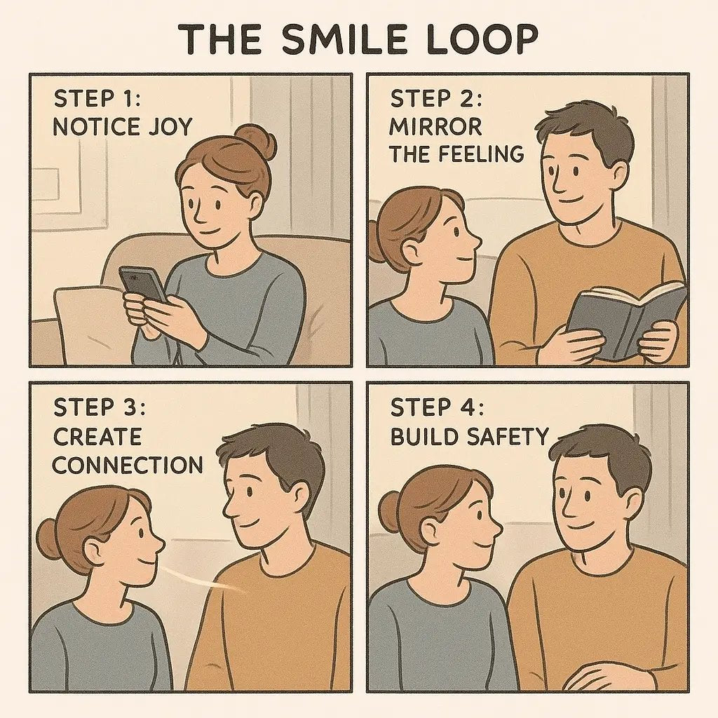 Four-panel comic strip showing a couple in a cosy living room learning to mirror each other's joy through shared smiles and eye contact