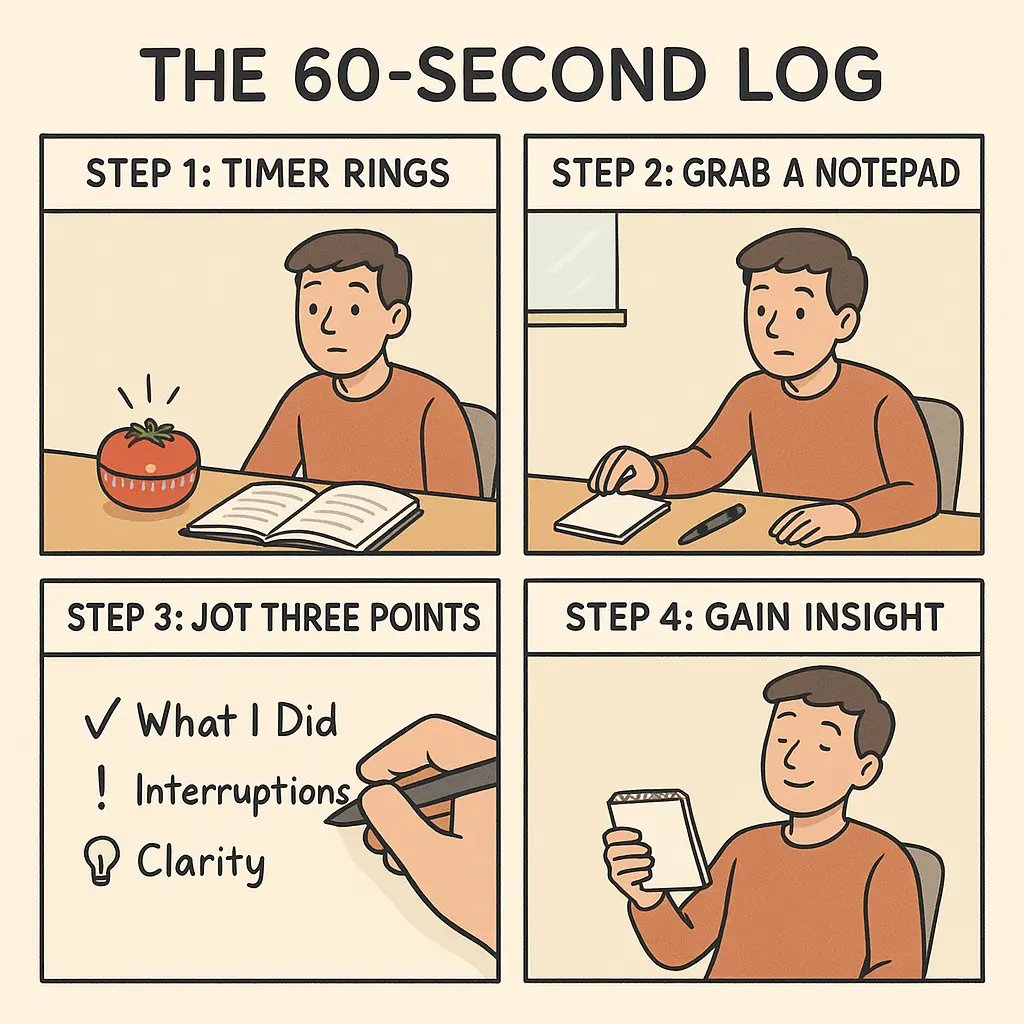Four-panel comic showing a student completing a 60-second study log: timer rings, grabbing notepad, jotting three points, and feeling accomplished.