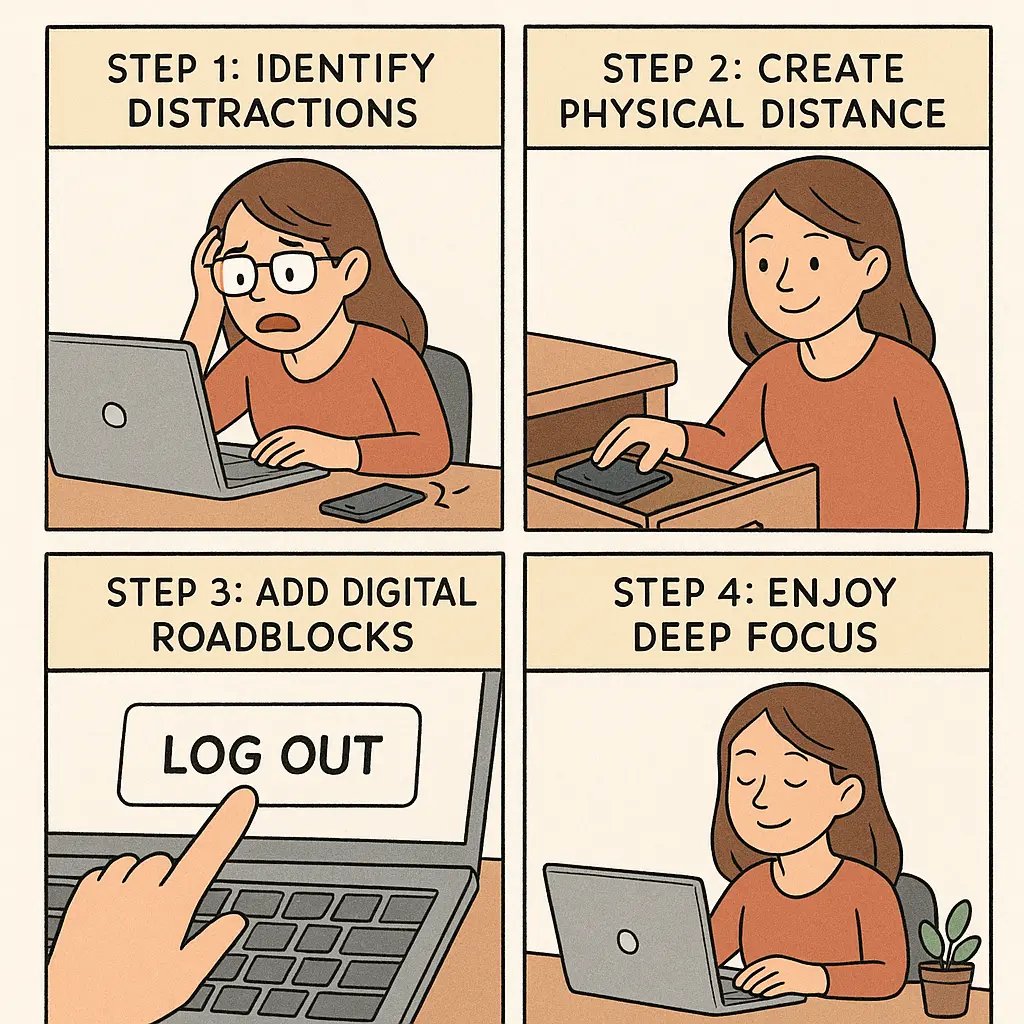 Four-panel comic showing a woman moving from overwhelmed desk with buzzing phone to peaceful focused work by creating distance and digital roadblocks
