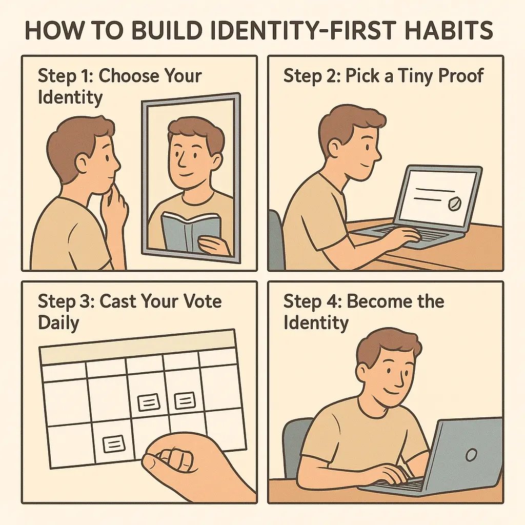 A four-panel comic strip illustrating a young man's journey from choosing a writer identity to confidently embodying it through daily tiny habits.