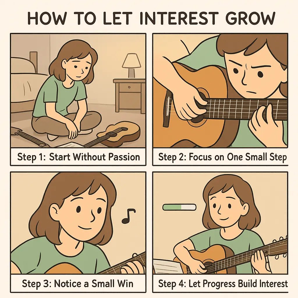 Four-panel comic showing a woman learning guitar, progressing from unmotivated to engaged through small wins