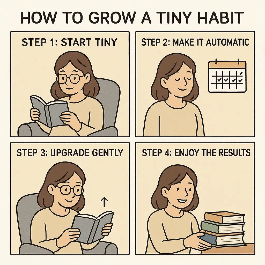 Four-panel comic showing a woman building a reading habit from one page to a stack of finished books