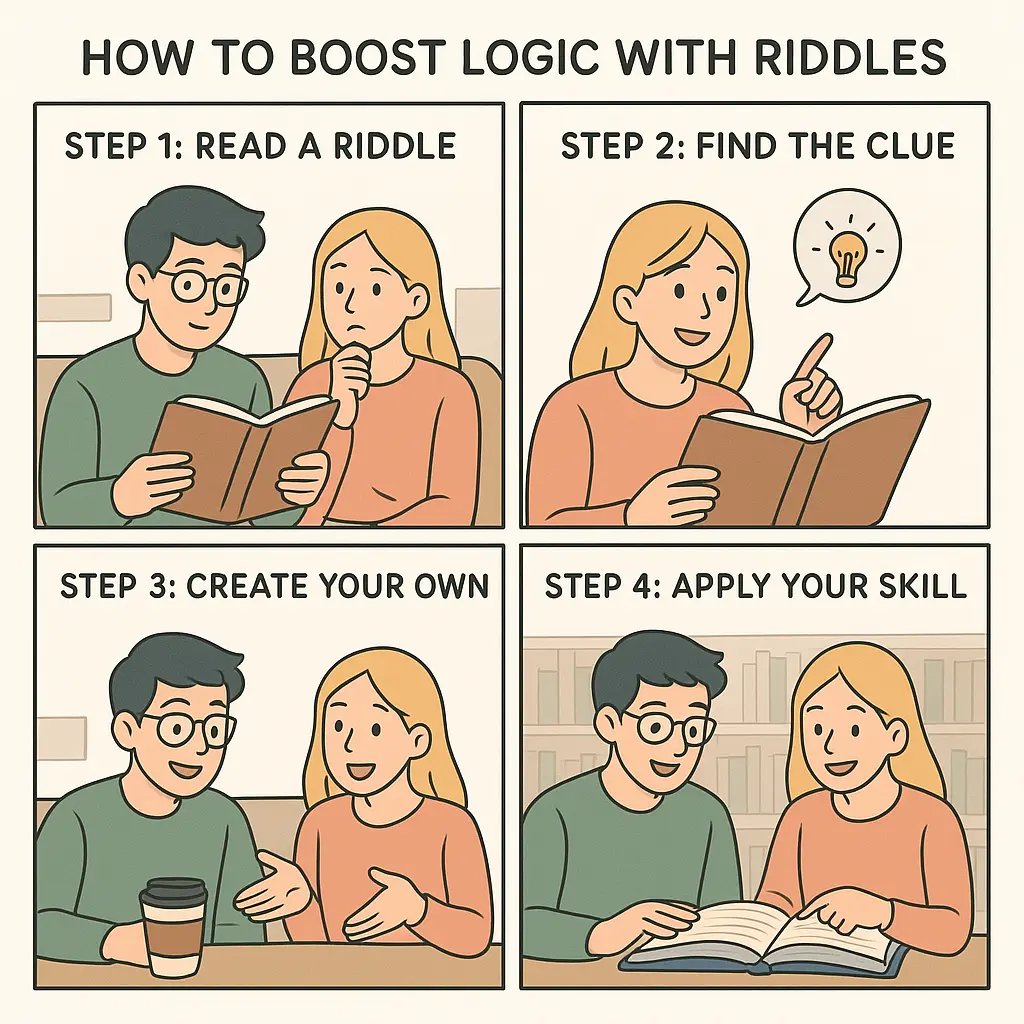 Two university students progressing through four steps of using riddles to boost logical thinking skills in a bright living room and library