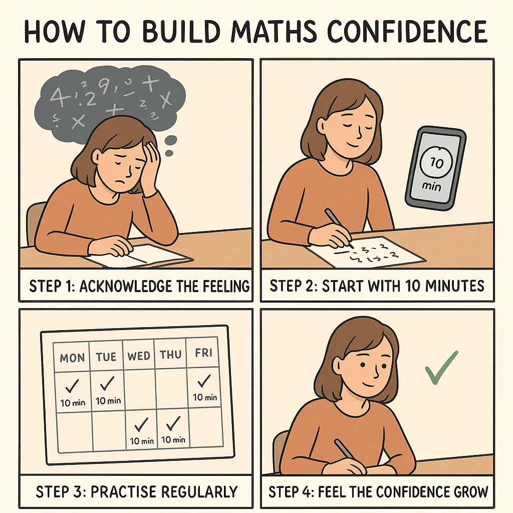 Four-panel comic showing a student's journey from maths anxiety to confidence through daily 10-minute practice sessions