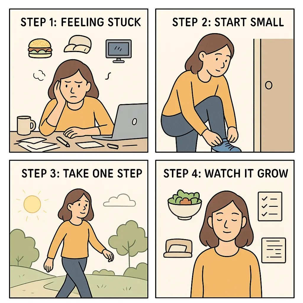 Four-panel comic showing a woman's transformation from feeling overwhelmed to calm and organised through building a small daily walking habit