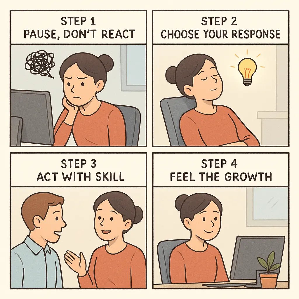 Four-panel comic showing a woman building workplace confidence through pause, choice, skilled action, and growth symbolised by a desk plant.
