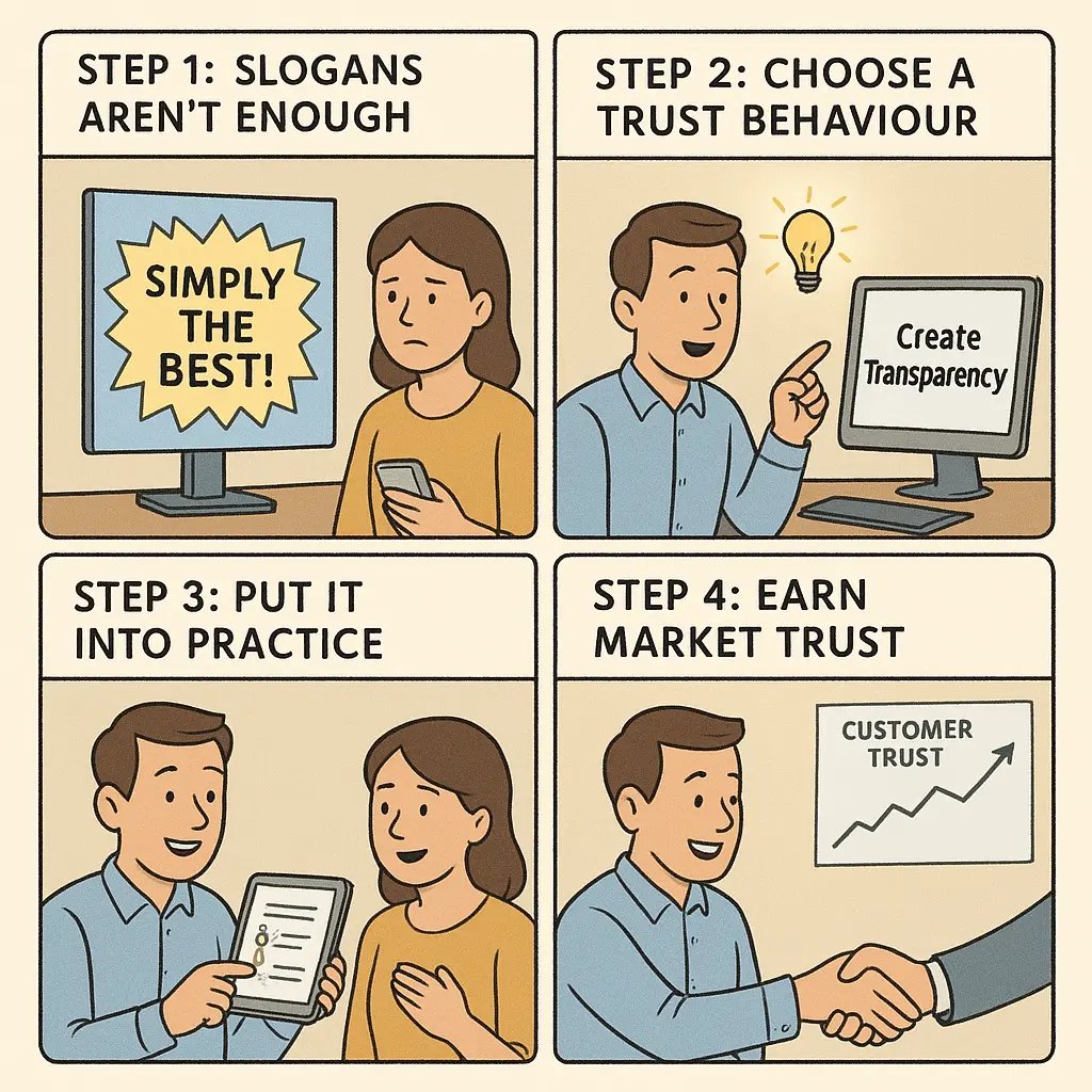A four-panel comic strip showing a business owner's journey from using empty slogans to earning customer trust through transparent behaviours and consistent action