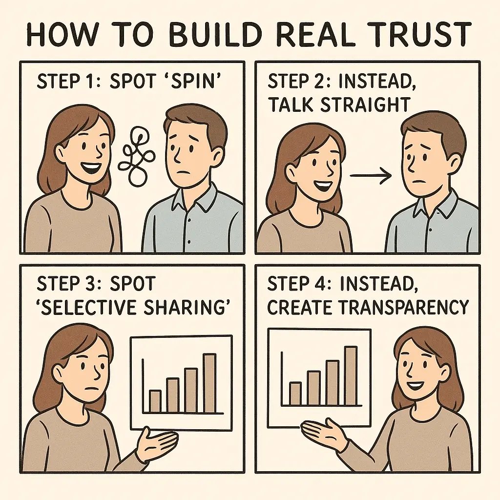 Four-panel comic showing a woman replacing fake trust behaviours with genuine ones at work, from confusing spin to straight talk and from selective sharing to full transparency