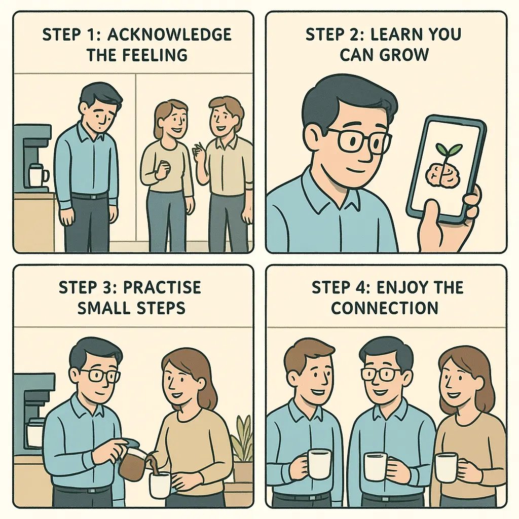 A four-panel comic showing a professional's journey from feeling isolated at the coffee machine to comfortably engaging in group conversations at work.