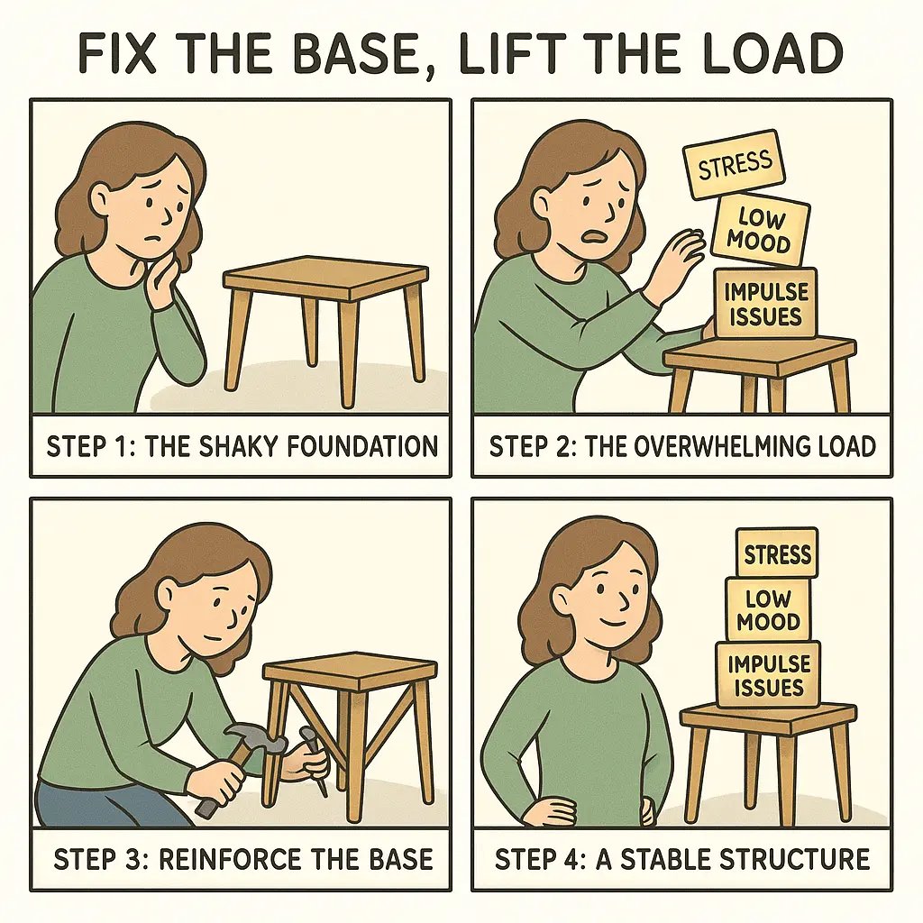 Four-panel comic showing a woman stabilising a wobbly table representing neurodivergent foundation, making stacked blocks secure