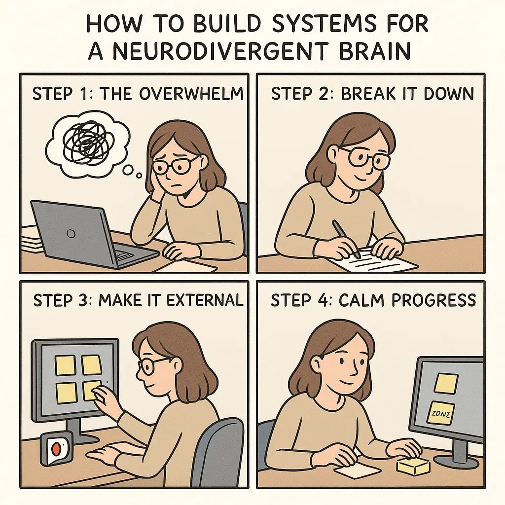 Four-panel comic showing a woman transforming from overwhelmed to productive by breaking tasks into steps, using sticky notes, and working calmly at an organised desk.