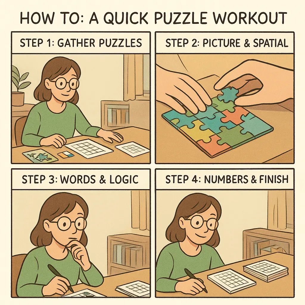 Young woman at desk completing four types of puzzles: jigsaw, logic grid, crossword, and sudoku in organised rotation.