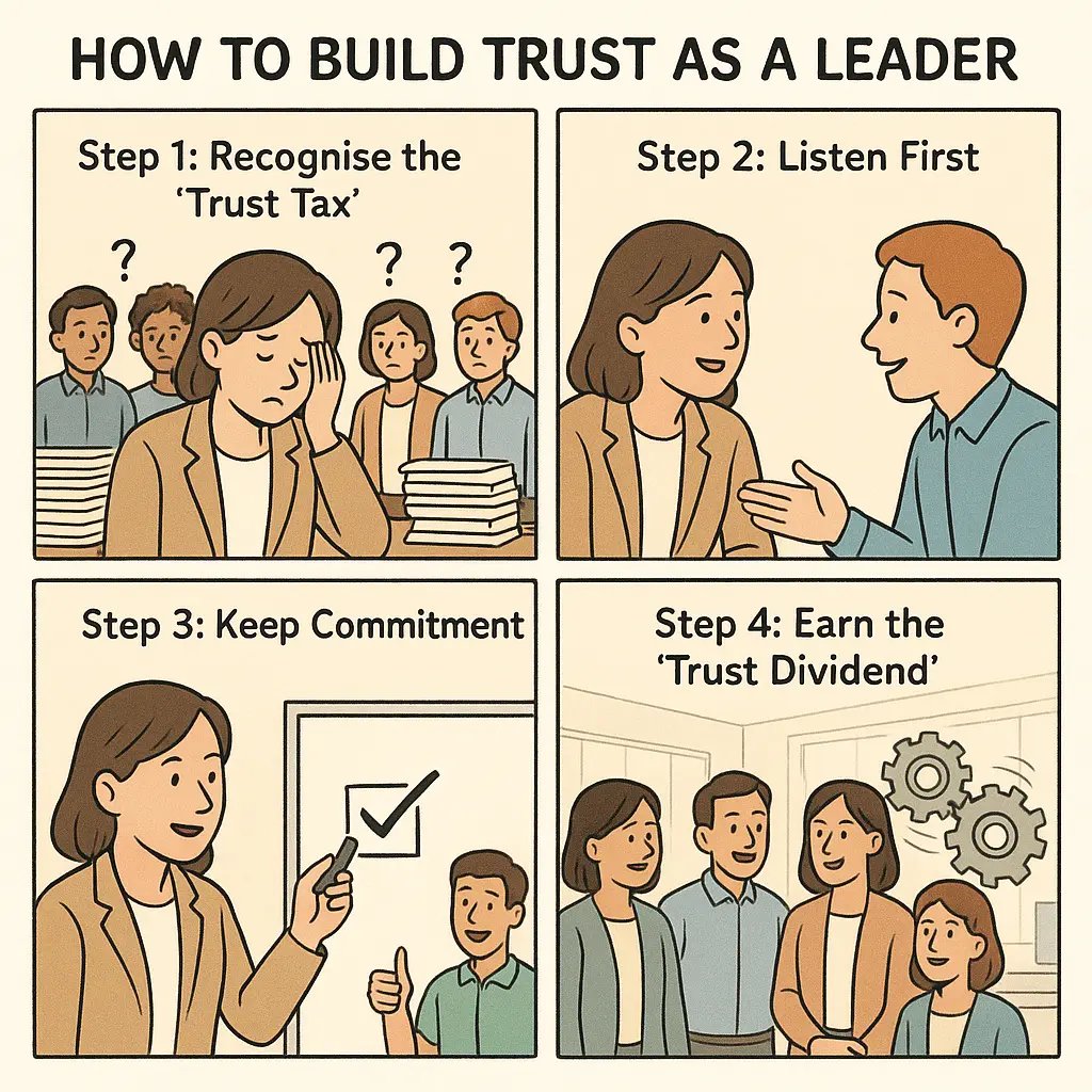 Comic strip showing a leader's journey from team frustration to smooth collaboration through trust-building steps