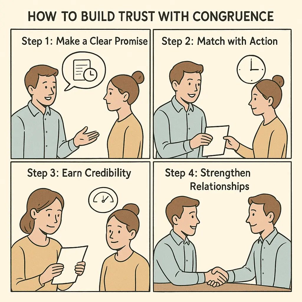 Four-panel comic strip showing a professional making a promise, delivering on it, earning trust, and strengthening a working relationship through consistent actions