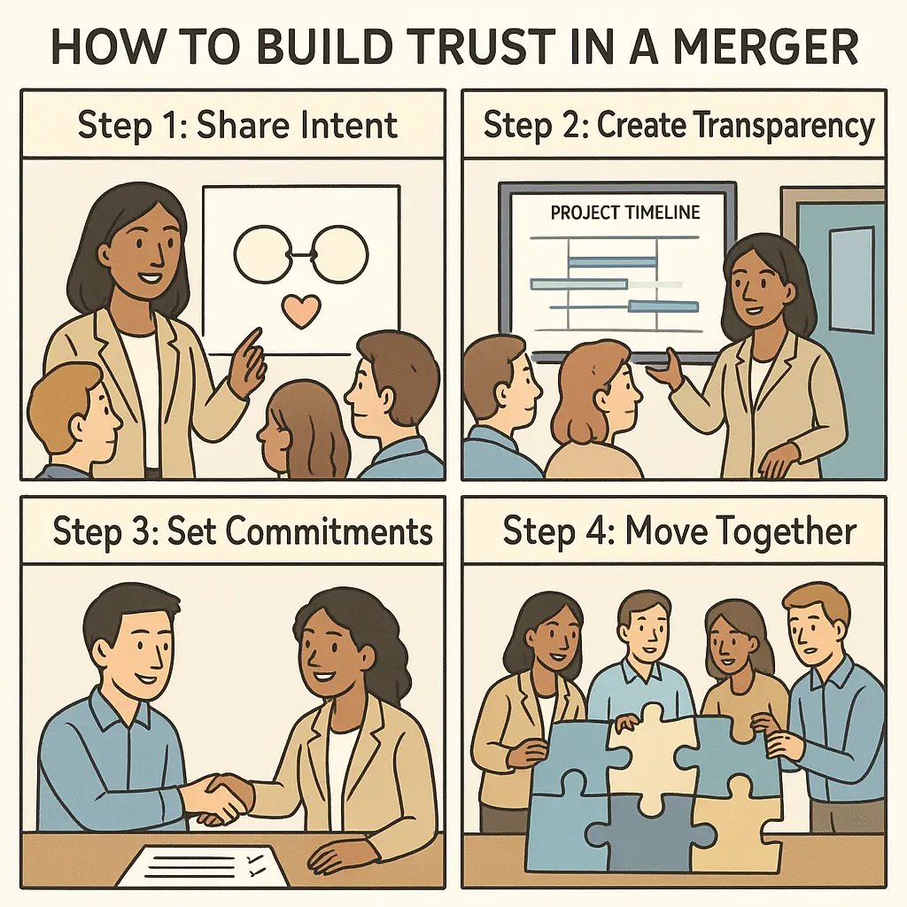 Four-panel comic showing a leader guiding teams through merger steps, from sharing intent to unified collaboration