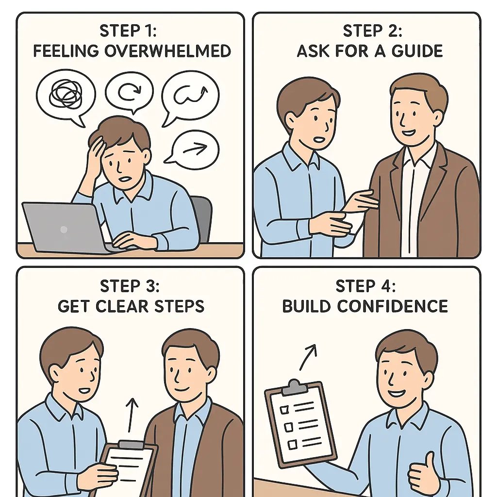 A four-panel comic strip showing a young professional progressing from feeling overwhelmed to confidently succeeding with clear guidance from one manager.