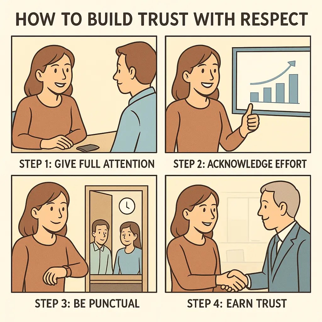 Four-panel comic showing a woman demonstrating workplace respect: putting away her phone, giving a thumbs-up, arriving on time, and shaking hands confidently.