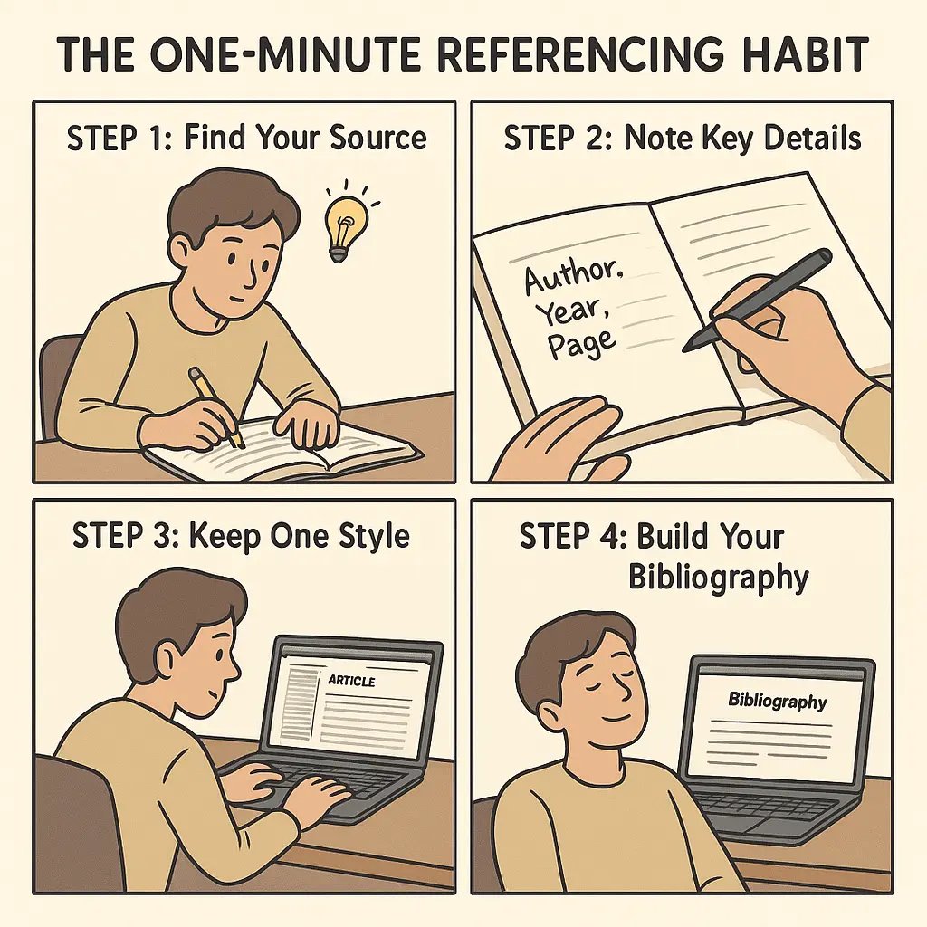 Student writing reference details in notebook beside open book, demonstrating simple bibliography organisation habit