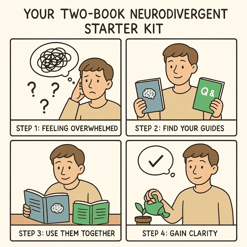 Four-panel comic showing a young man's journey from feeling overwhelmed to gaining clarity using two neurodivergent support books as his starter kit