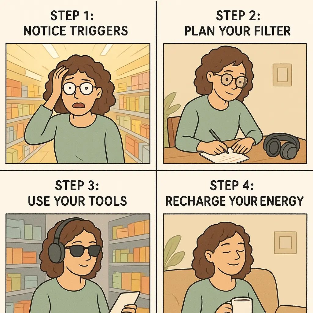 Four-panel comic showing a woman managing sensory overload: overwhelmed in a store, planning with tools at home, confidently using headphones and sunglasses whilst shopping, then relaxing recharged at home.