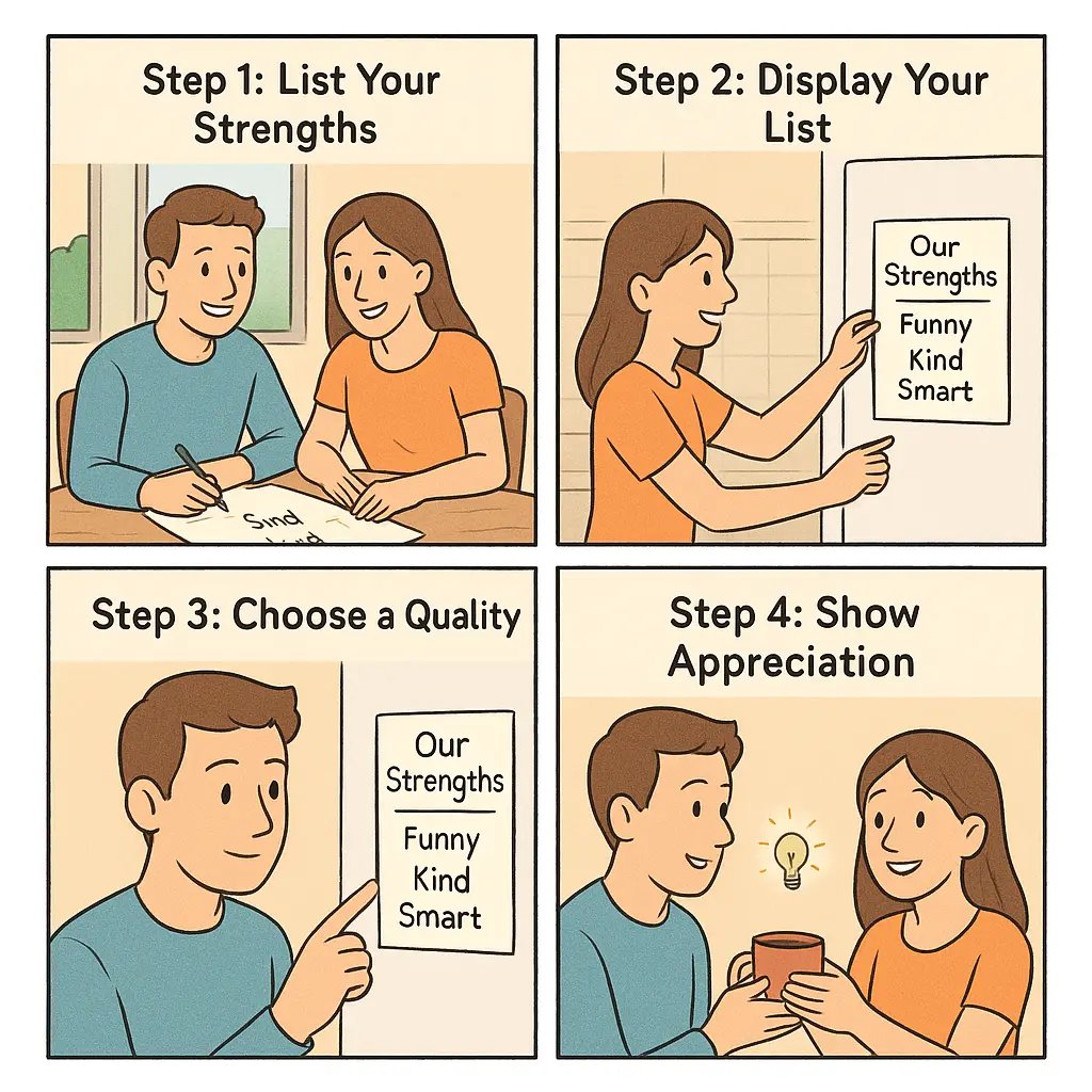 A couple collaborates at a table, writing their shared strengths list together with warm smiles and positive connection.