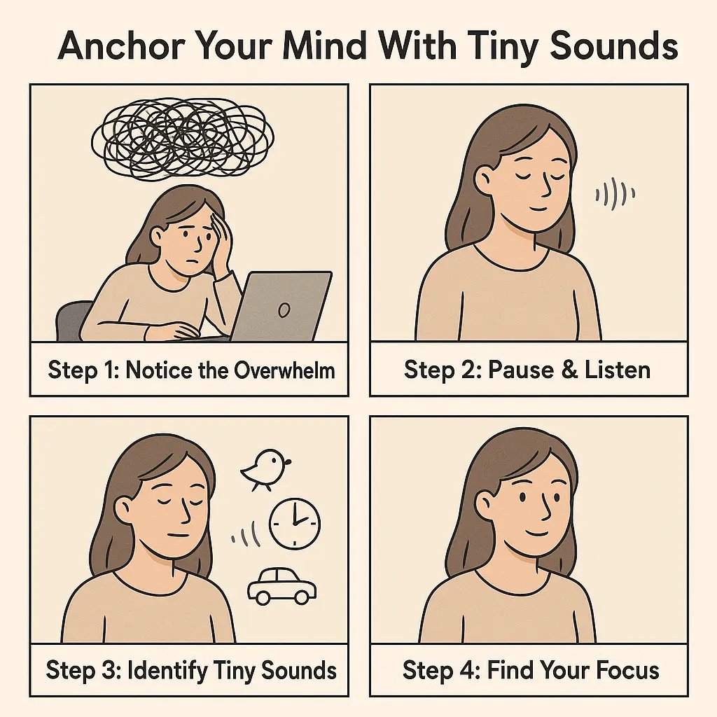 Four-panel comic showing a woman transforming from overwhelmed to calm by listening to tiny sounds like birds and clocks around her.