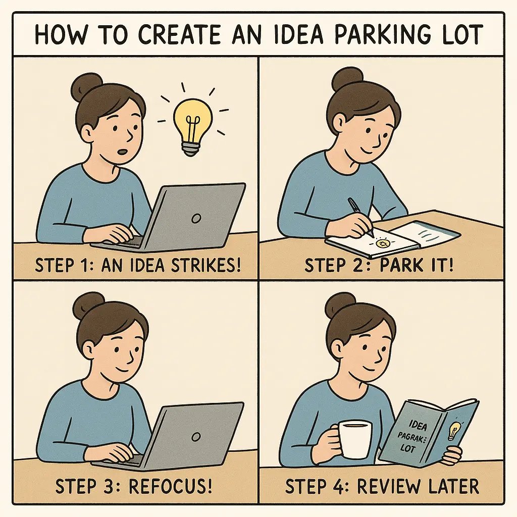 A four-panel comic showing a woman capturing a new idea in her notebook, then refocusing on her work with calm confidence.