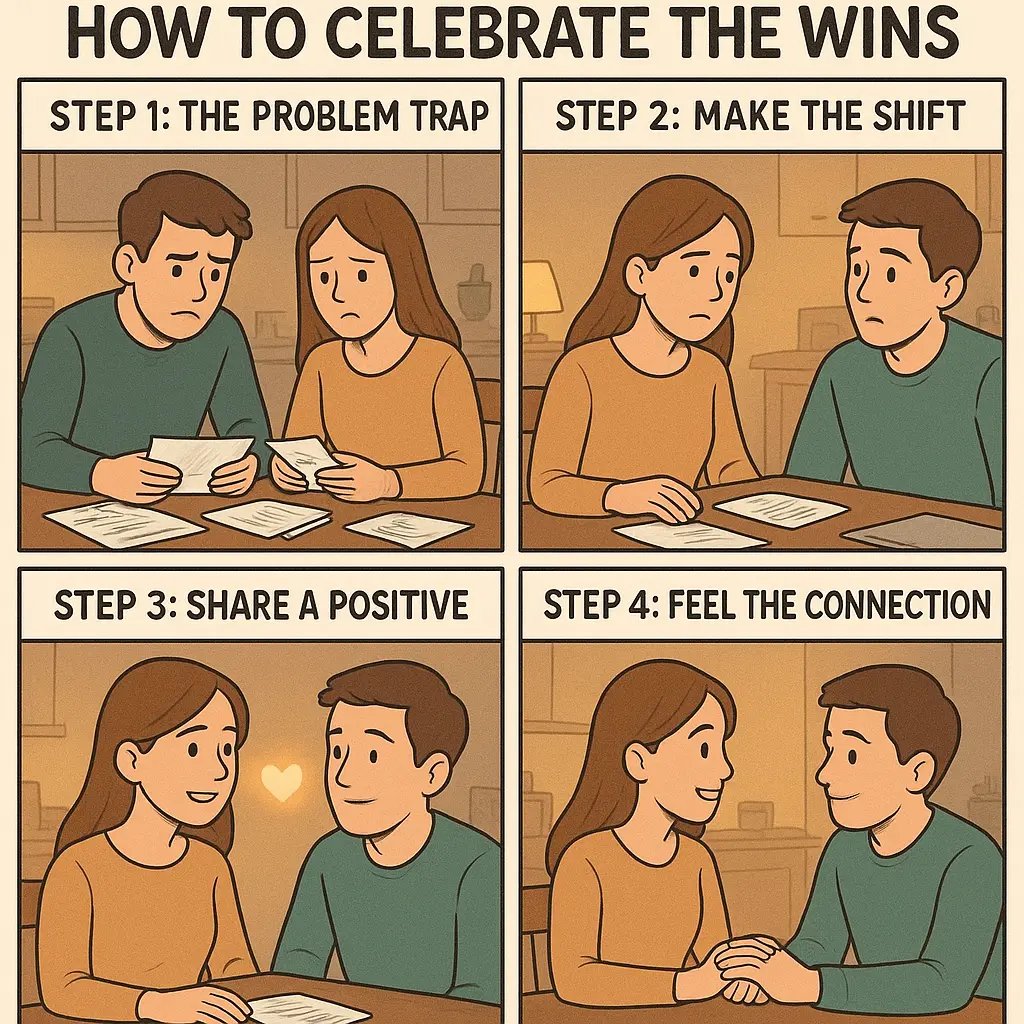 A four-panel comic strip showing a couple moving from a tense discussion about bills to holding hands and smiling warmly at each other.