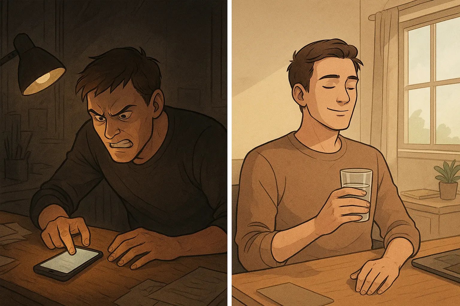 Split panel showing a man's transformation from angry texting to calm, thoughtful pause with phone down