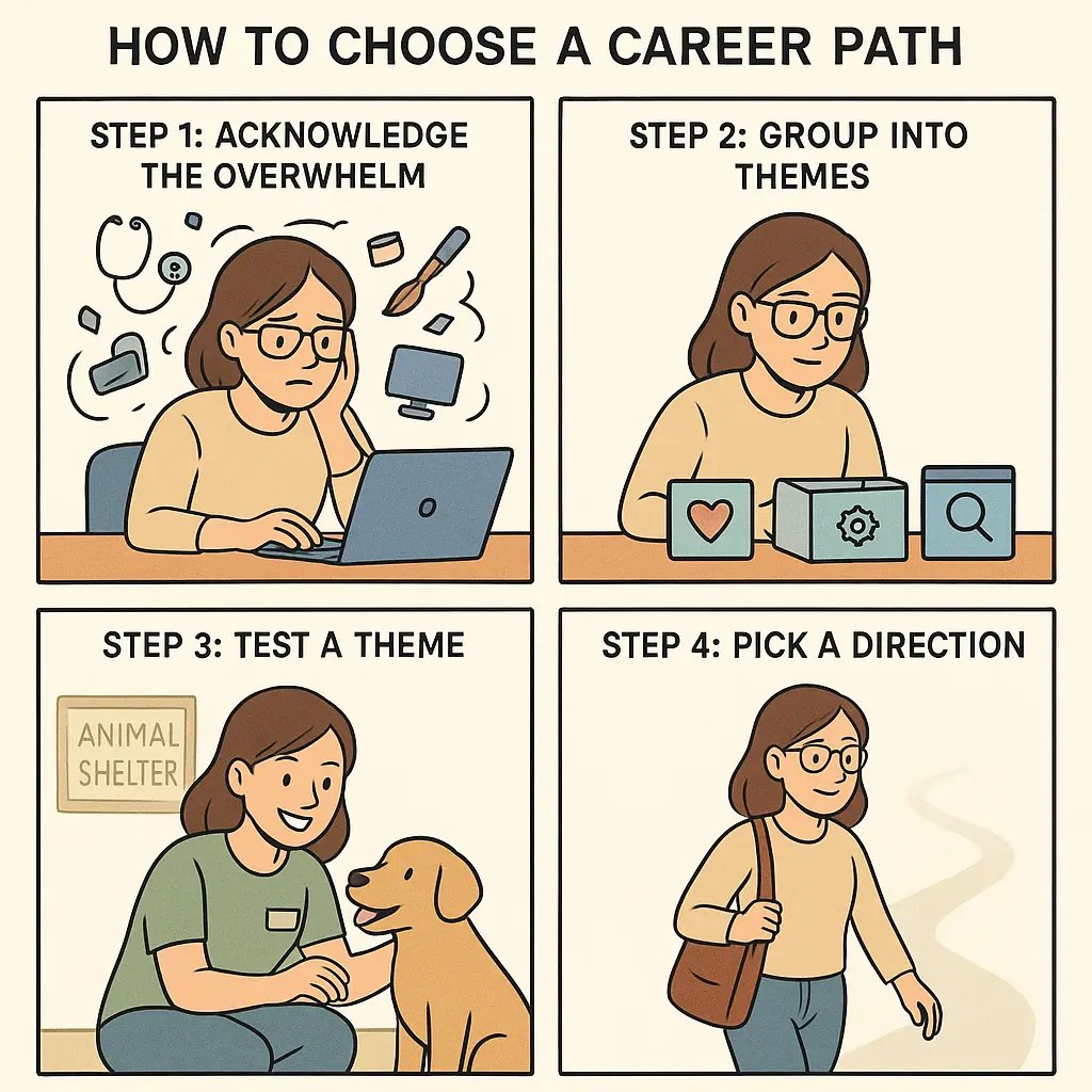 Young woman with glasses confidently walking a clear path after organizing career options into themes and testing possibilities