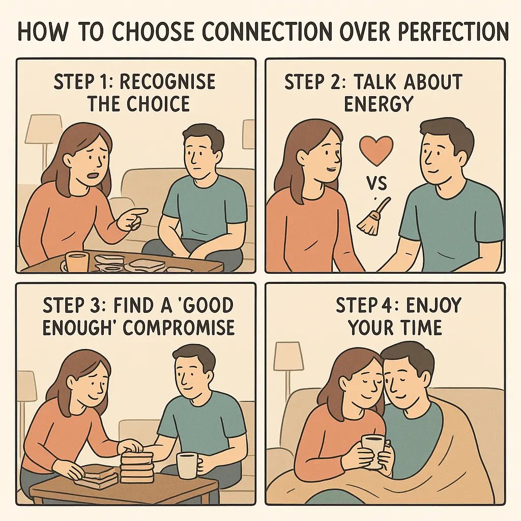 A couple choosing to relax together on their sofa in a tidy-but-not-perfect living room, prioritising connection over household perfection.