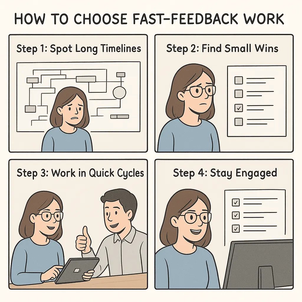 A woman transforms an overwhelming project plan into small, manageable tasks with visible progress, showing the power of fast feedback loops for staying engaged.