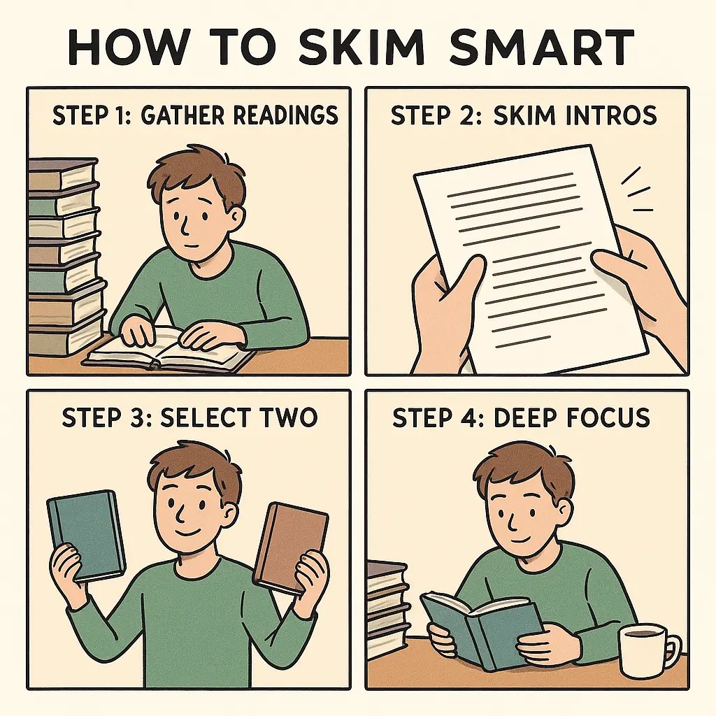 A four-panel comic showing a student efficiently selecting readings by skimming introductions, moving from overwhelm to calm focus.