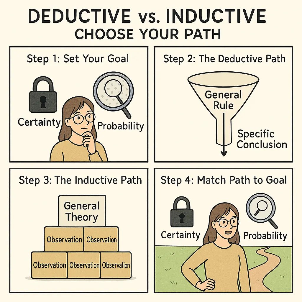 A four-panel comic strip showing a student choosing between deductive reasoning (certainty) and inductive reasoning (probability) with clear visual icons and pathways.