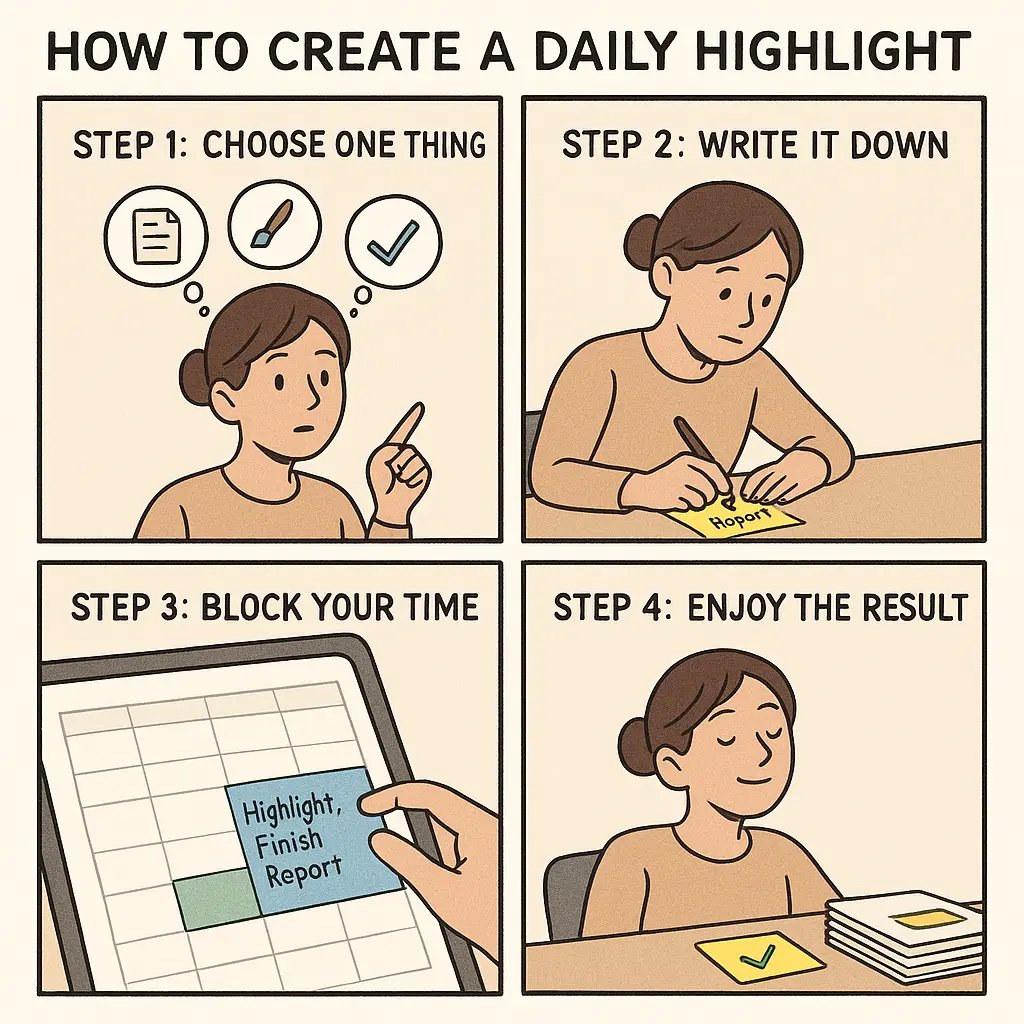 Four-panel comic showing a woman choosing a task, writing it on a sticky note, blocking calendar time, and feeling satisfied after completion