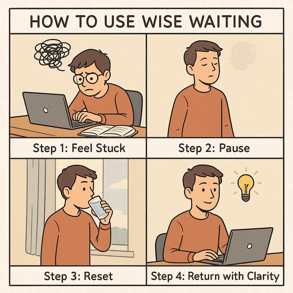 A four-panel comic showing a student using the wise waiting technique to transform from stressed to focused during study